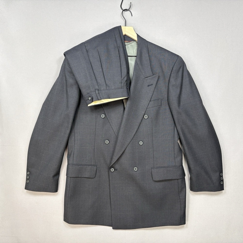 VTG Mark Shale Mens 44R 34x32 Navy Windowpane Double Breasted Suit Wool 2 Piece
